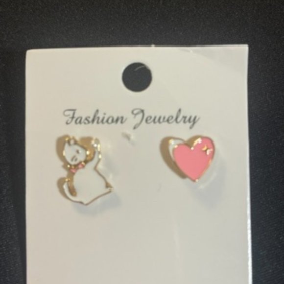 Gold White Kitten Pink Heart Stud Earrings For Women Girl Party Jewelry - Picture 2 of 3